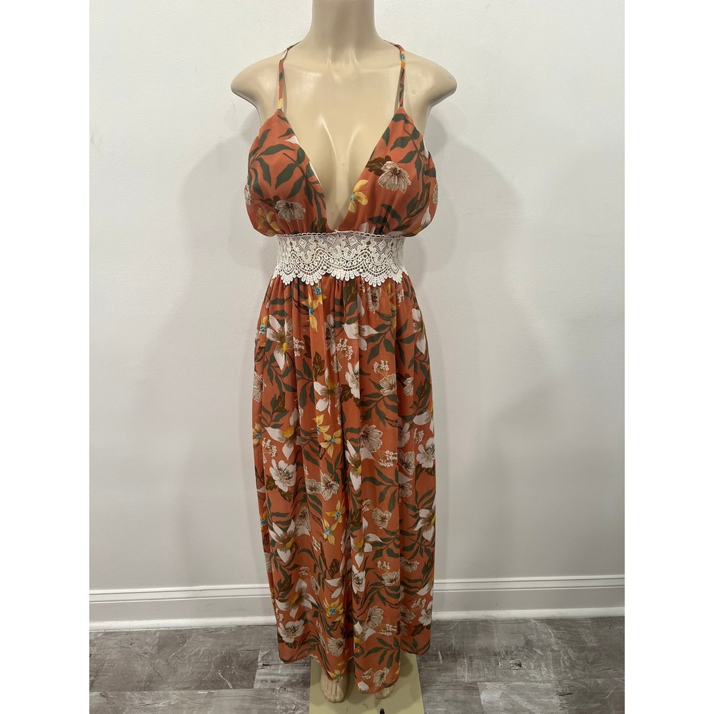 Love Tree Maxi Dress Womens Sundress Terracotta Floral Boho Lace Accent Medium